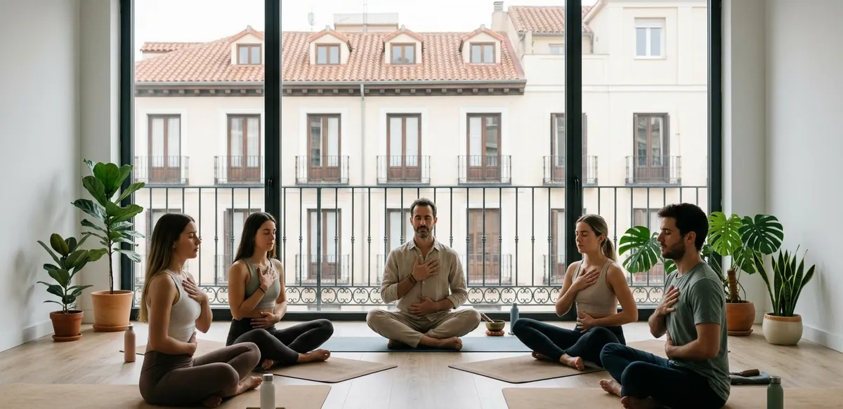 Grupo practicando respiración 4-7-8 en sesión de meditación interior