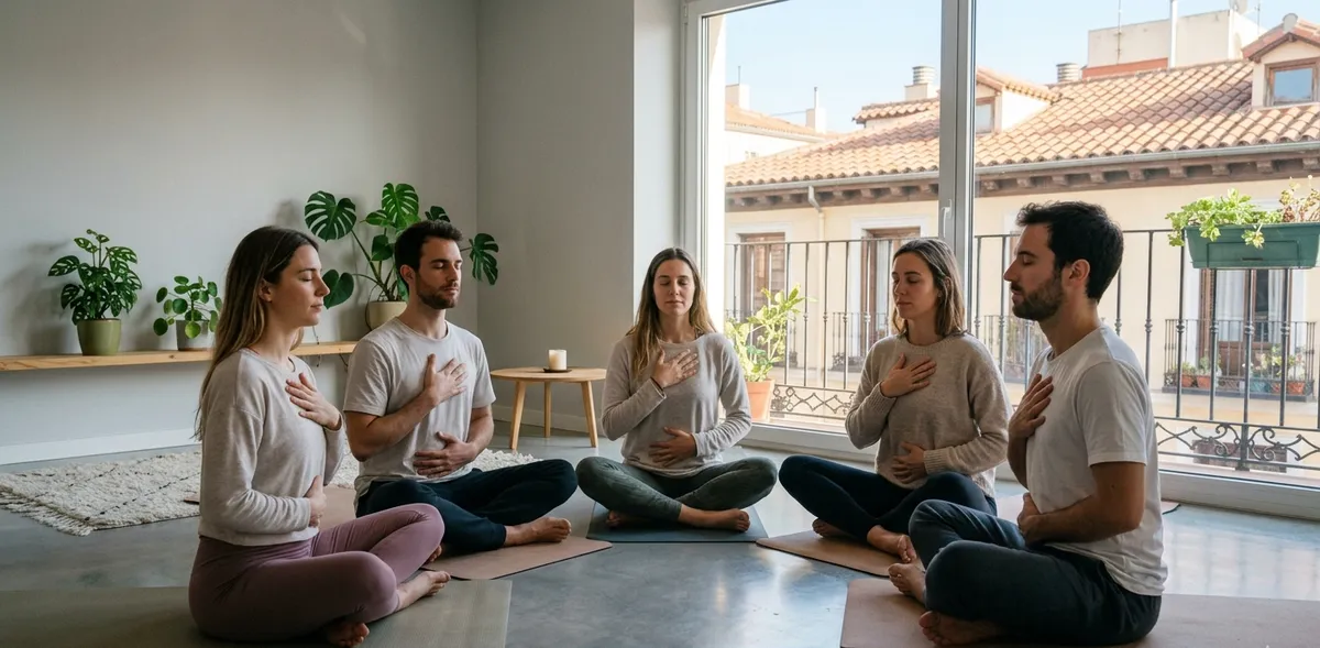 Grupo practicando respiración consciente con manos en el pecho en sesión de breathwork