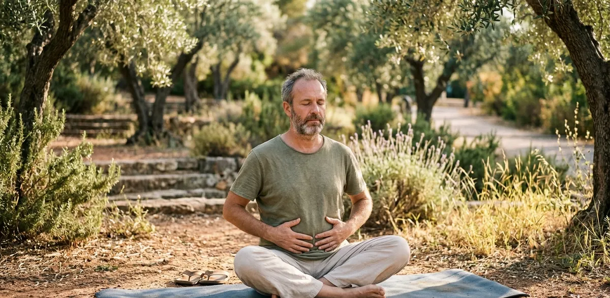 Hombre en postura de meditación con las manos sobre el abdomen en jardín de olivos, practicando respiración consciente al aire libre