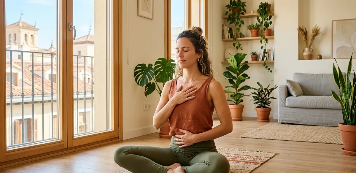 Mujer practicando respiración diafragmática sentada con manos en el abdomen