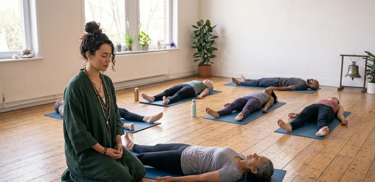 Respiración holotropica sesión grupal facilitadora sala — origen del breathwork moderno