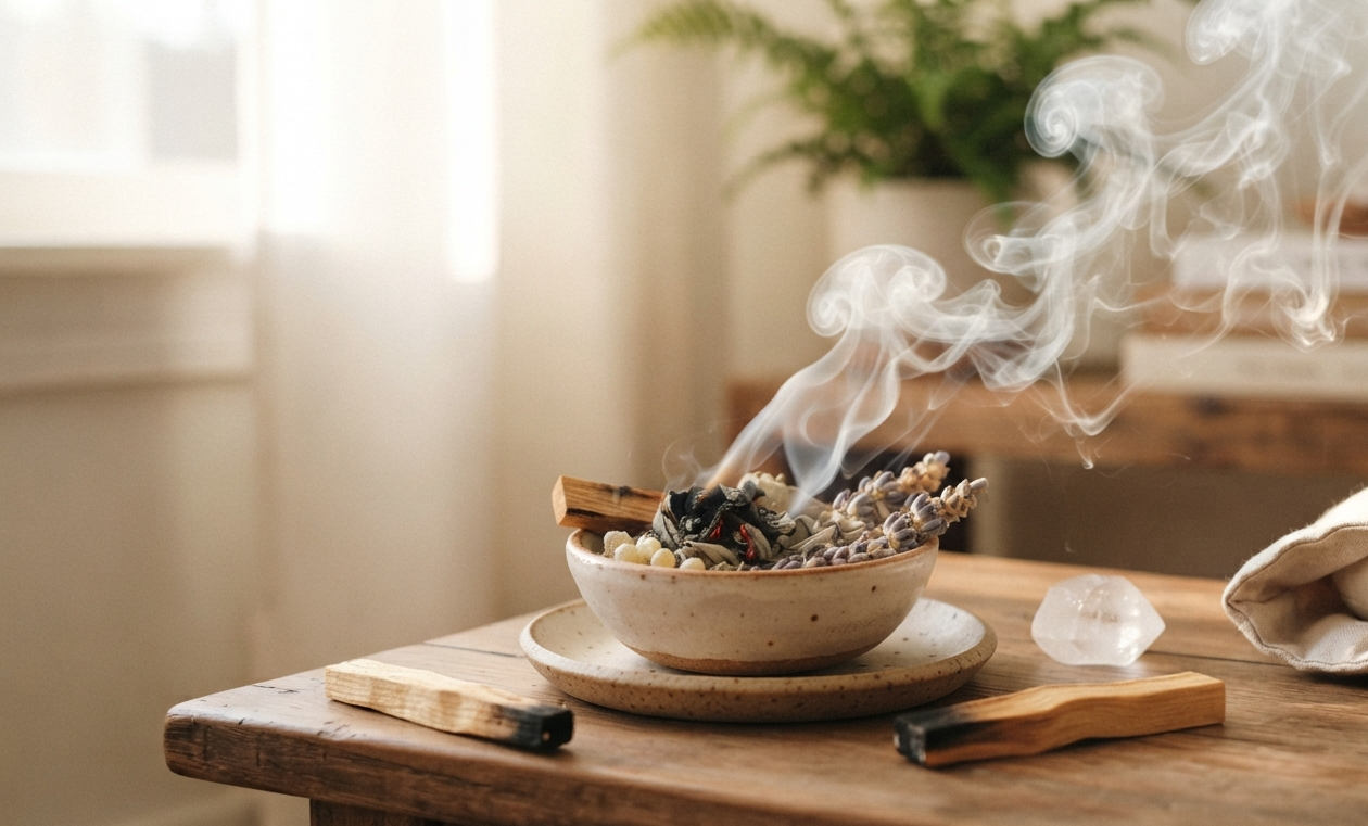 Cuenco cerámico con hierbas secas, palo santo y sahumerio humeando sobre mesa de madera