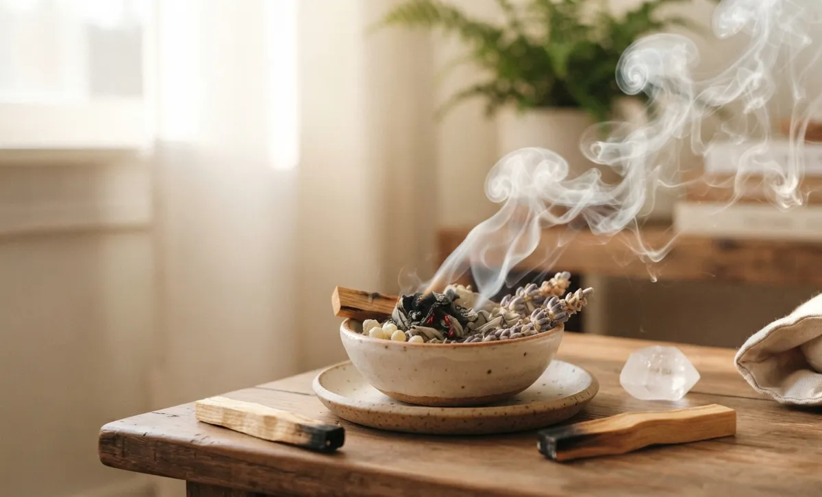 Cuenco cerámico con hierbas secas, palo santo y sahumerio humeando sobre mesa de madera