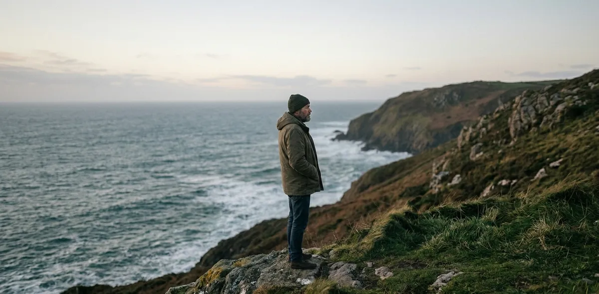 Hombre solo en acantilado mirando el mar, representación de la soledad masculina