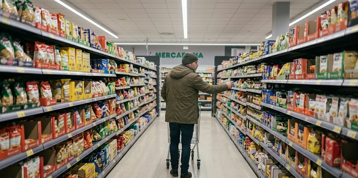 Hombre solo haciendo la compra en supermercado, soledad cotidiana masculina