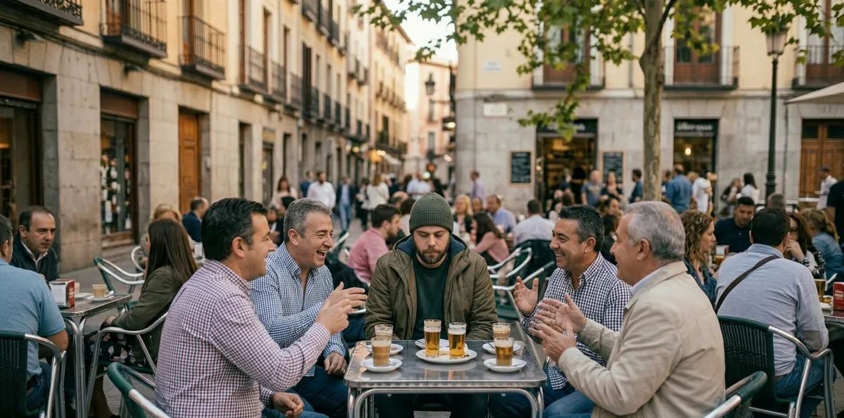 Grupo de hombres charlando en terraza de bar, ejemplo de amistad de actividad masculina
