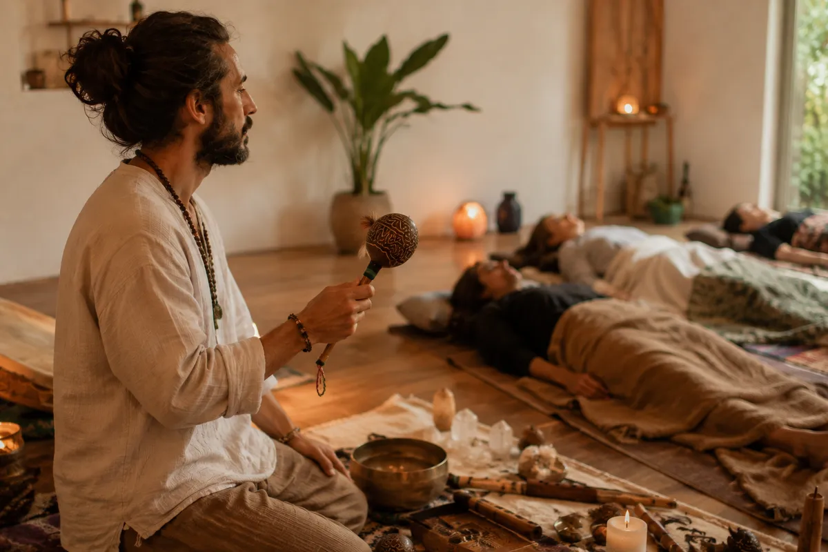 Facilitador sosteniendo una sonaja chamánica junto a un cuenco tibetano, ante un grupo tumbado en sesión de sound healing