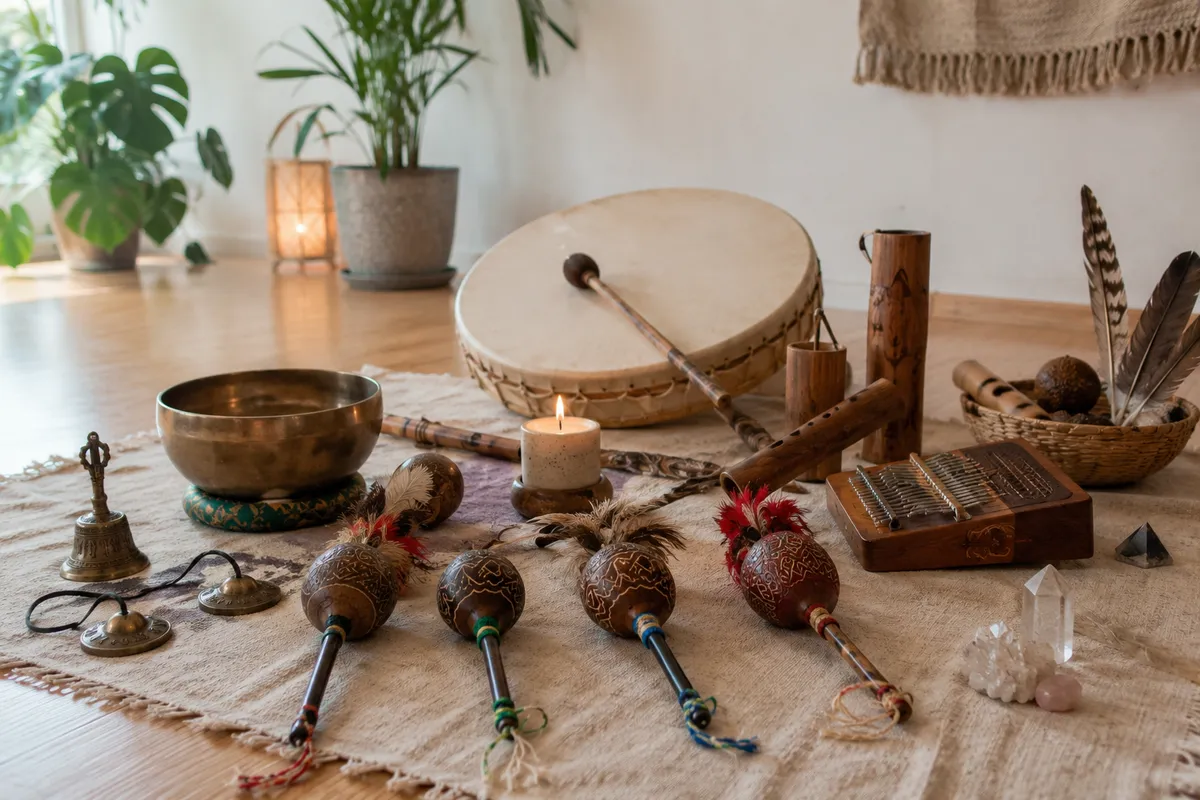 Varias sonajas chamánicas de calabaza junto a cuenco tibetano, tingsha, tambor y otros instrumentos holísticos sobre una alfombra