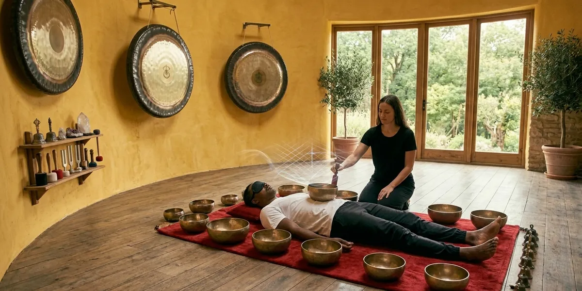 Facilitadora tocando cuencos tibetanos alrededor de persona tumbada en sesión de sonoterapia, con gongs colgados en la pared