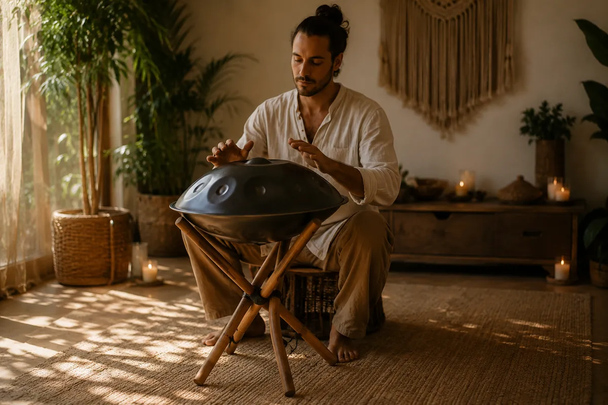 Músico sentado tocando handpan sobre soporte de bambú en sala con velas y macramé