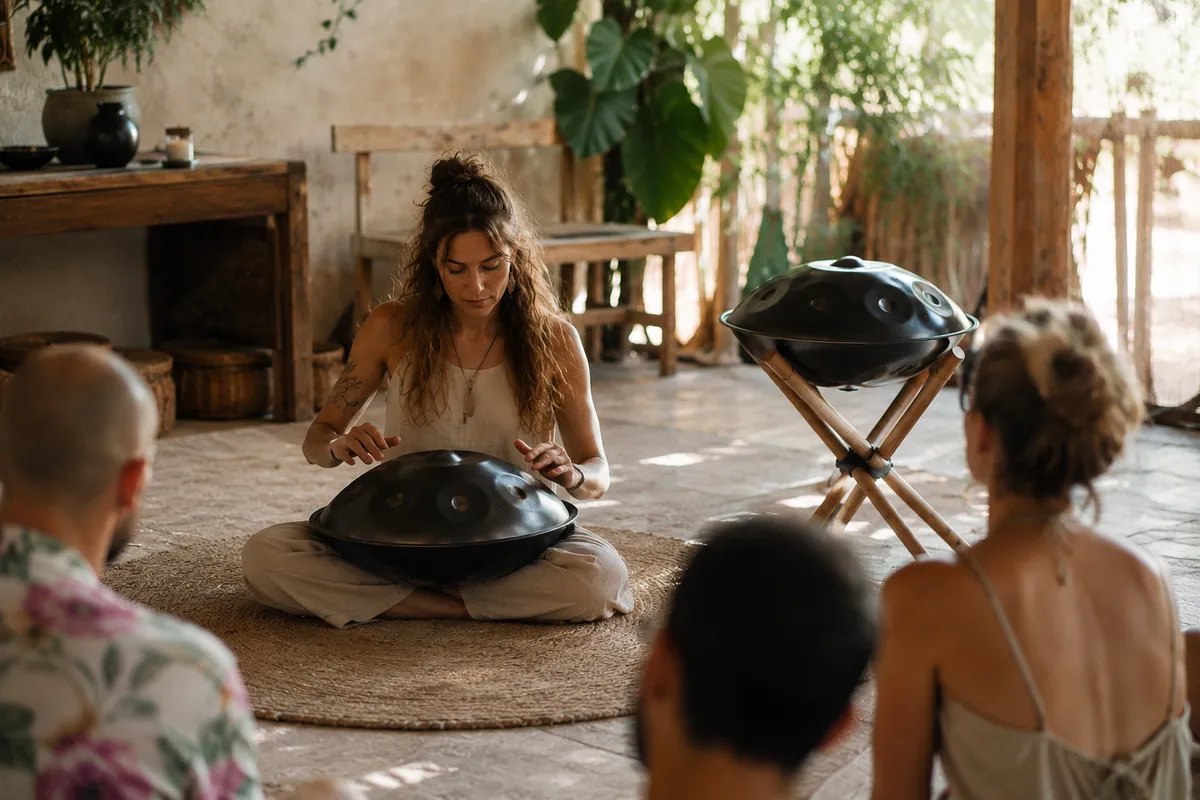 Facilitadora tocando handpan en el regazo ante grupo de participantes en sesión de sound healing al exterior, con soporte de bambú visible al lado