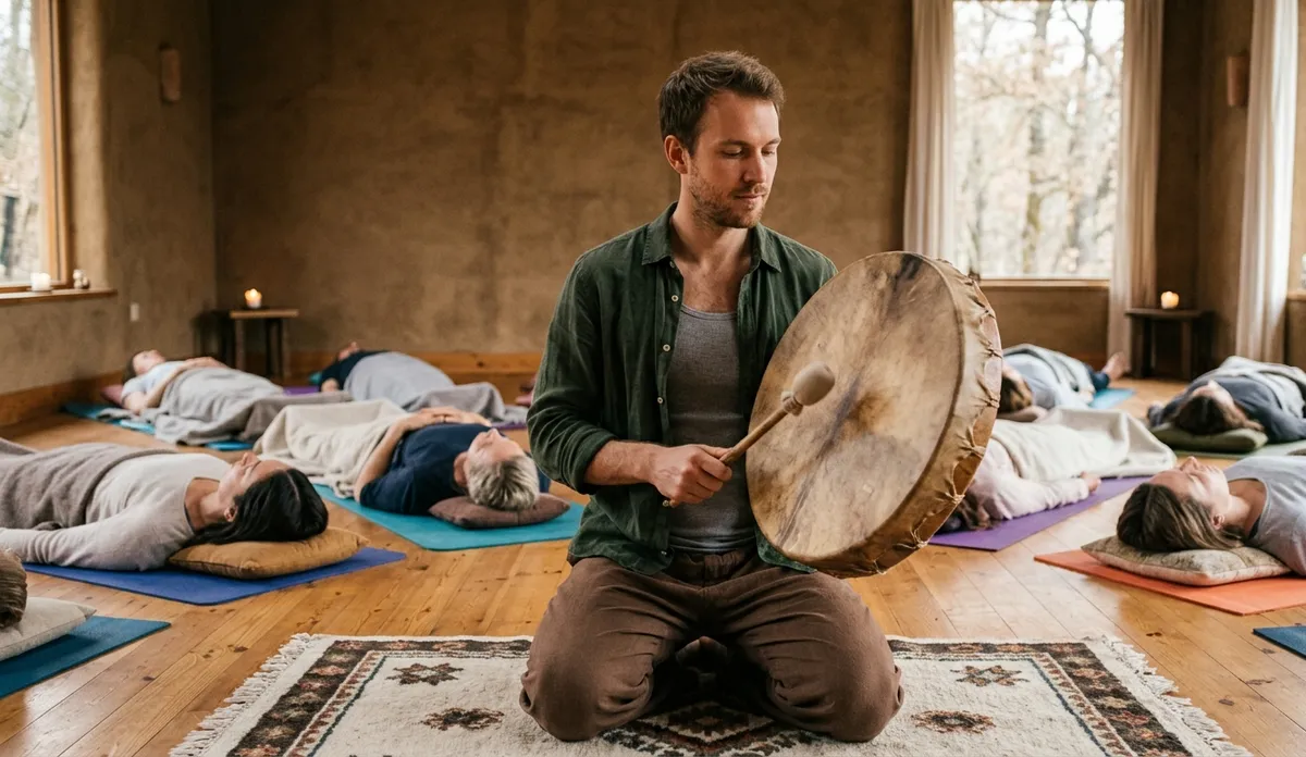 Facilitador tocando tambor chamánico en sala de meditación con participantes tumbados en esterillas