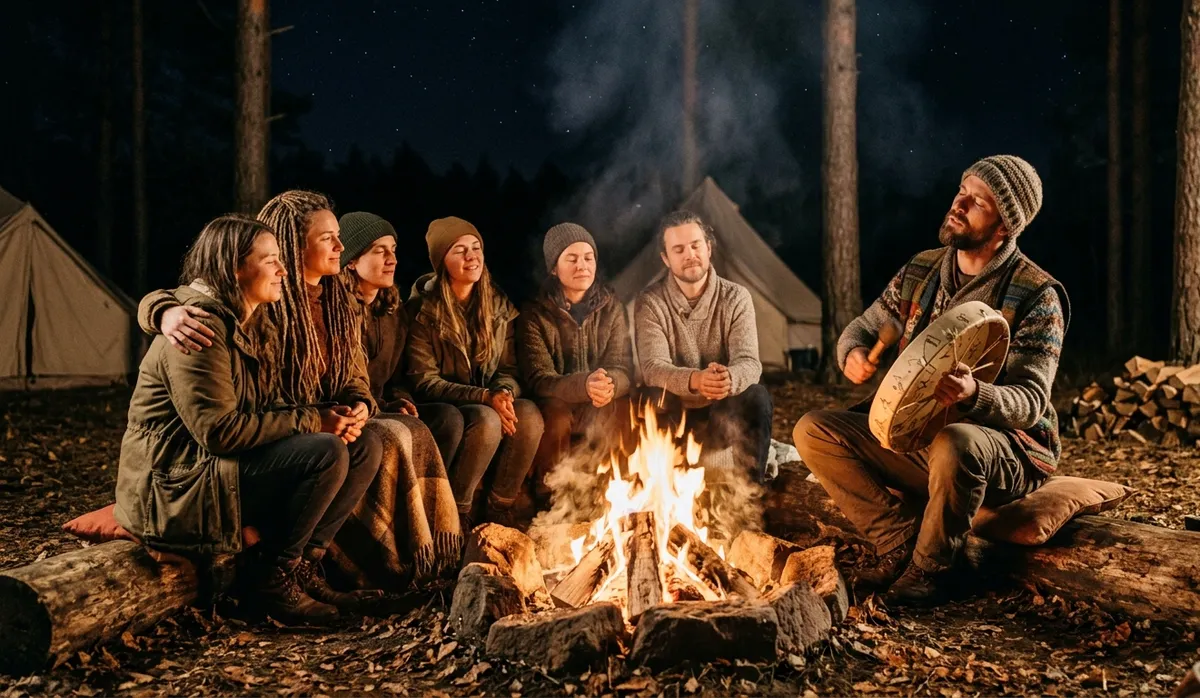 Grupo de personas alrededor de hoguera nocturna escuchando a alguien tocar un tambor chamánico bajo las estrellas