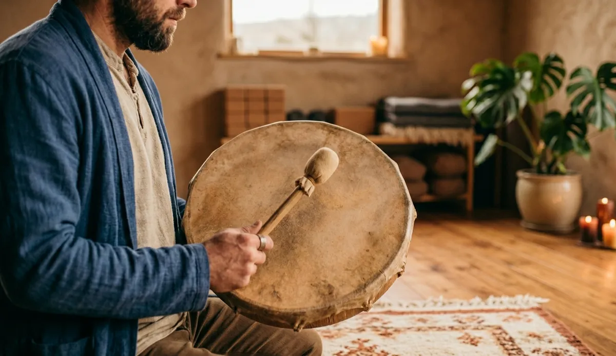 Hombre sosteniendo un tambor chamánico de piel natural con baqueta en sala interior cálida