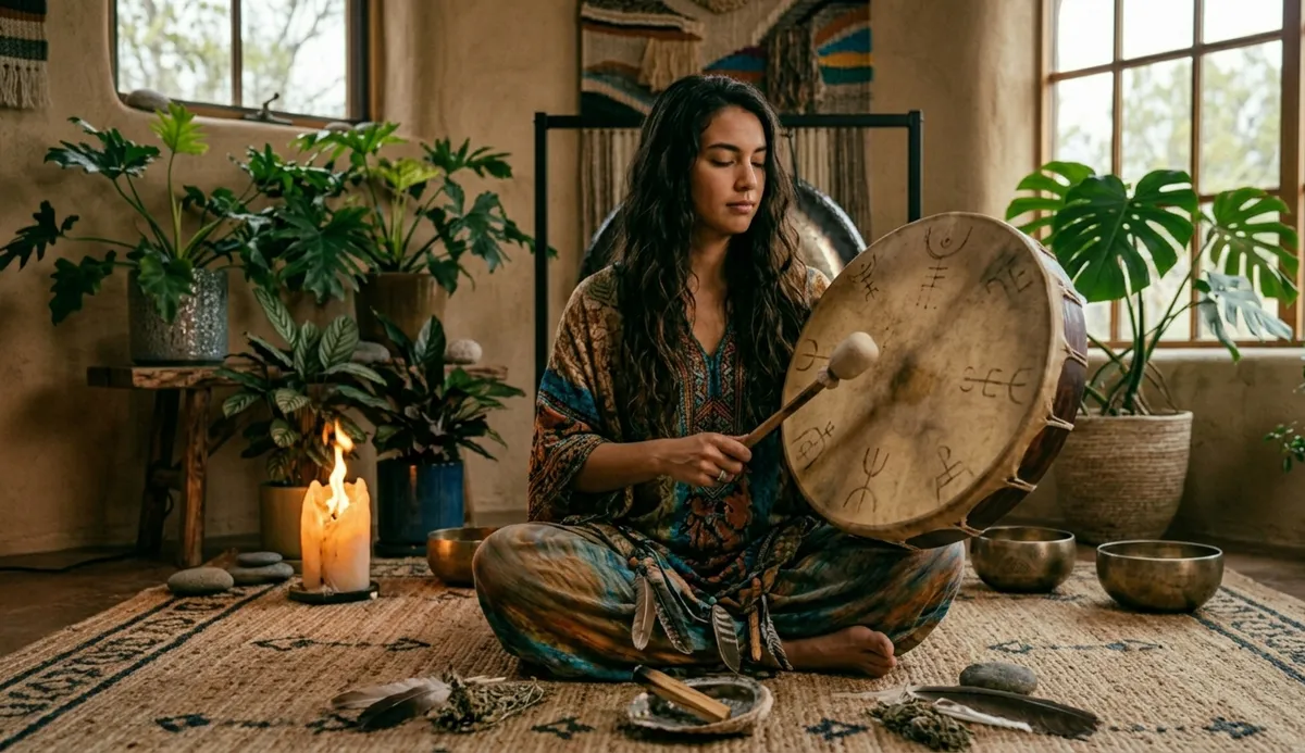 Mujer tocando un tambor chamánico en sala de meditación con velas y cuencos tibetanos