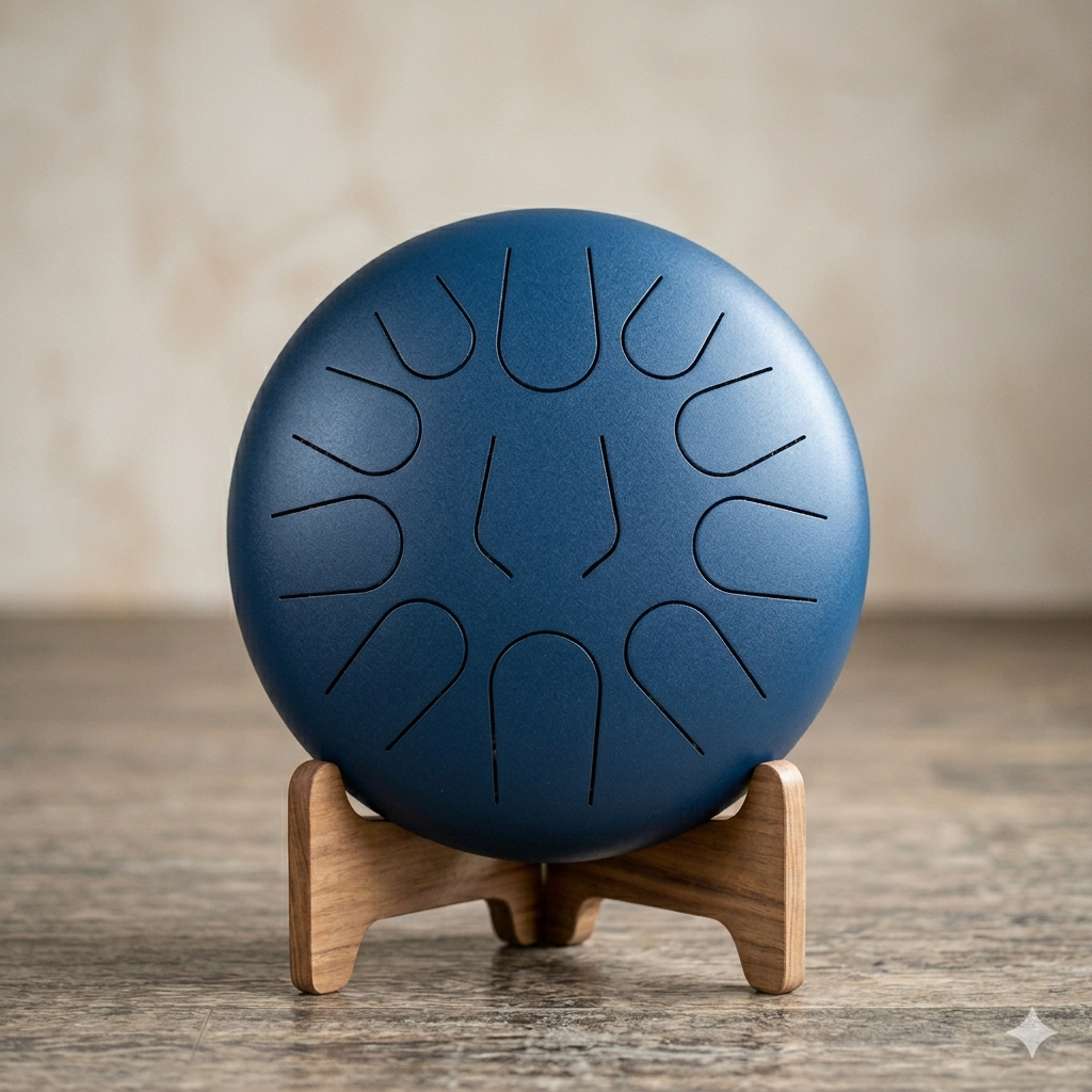 Tambor de lengua de acero azul sobre soporte de madera, mostrando las lengüetas cortadas en la superficie