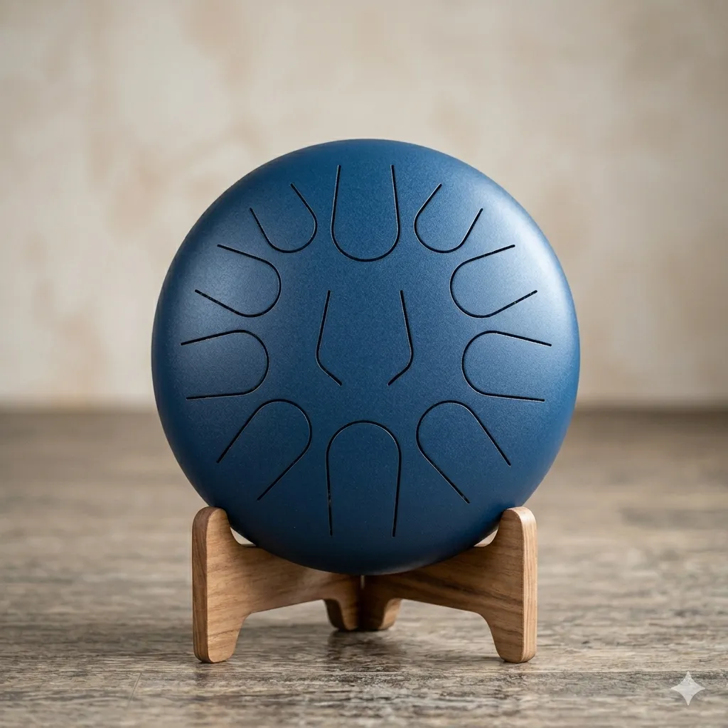 Tambor de lengua de acero azul sobre soporte de madera