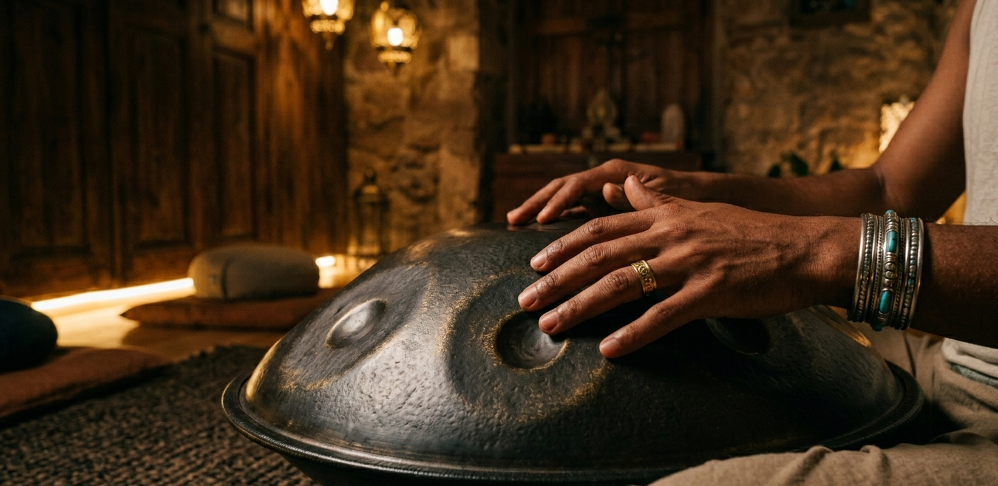 Manos tocando un tambor de lengüeta con baquetas en interior, mostrando la técnica de percusión sobre las lengüetas