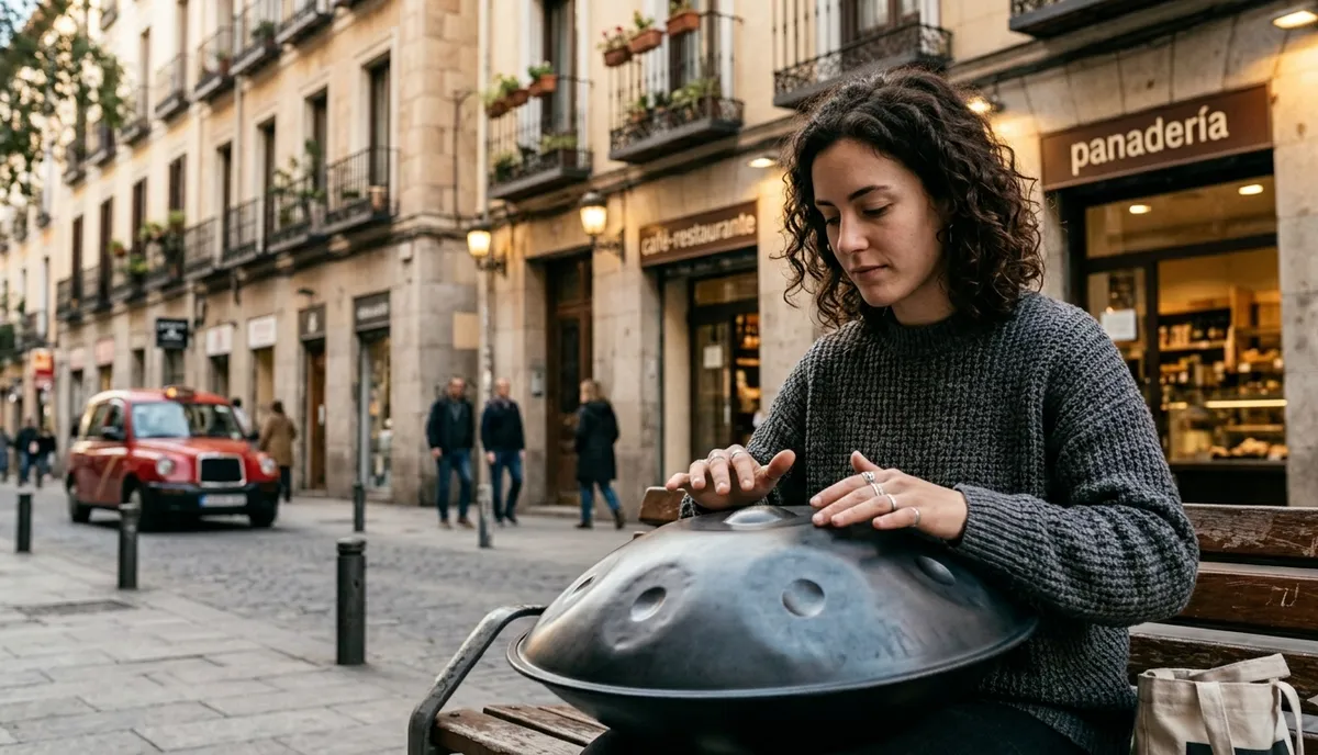 Mujer tocando un tambor de lengüeta en entorno urbano, mostrando su portabilidad para uso cotidiano