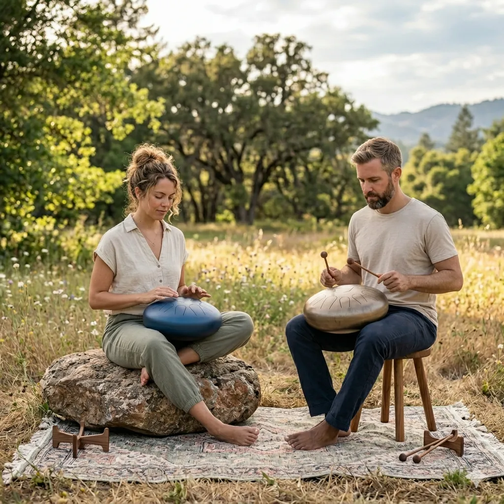 Pareja tocando tambores de lengua de acero al aire libre en un prado, mostrando el uso del instrumento en exterior