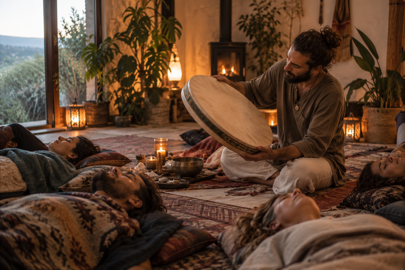 Facilitador sosteniendo un tambor oceánico ante un grupo tumbado en sesión de sound healing al atardecer