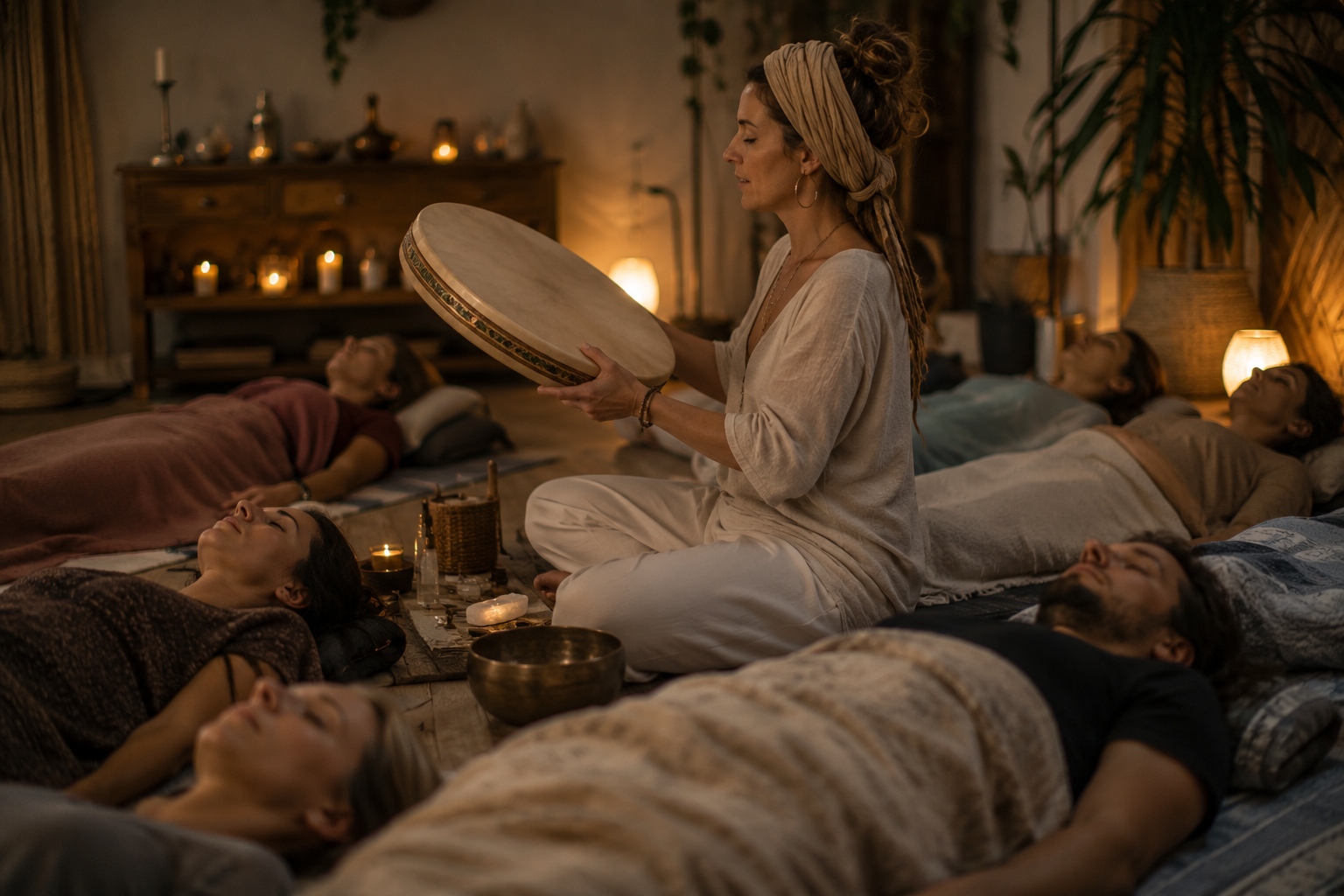 Facilitadora tocando un tambor oceánico ante un grupo tumbado en sesión de sound healing con velas