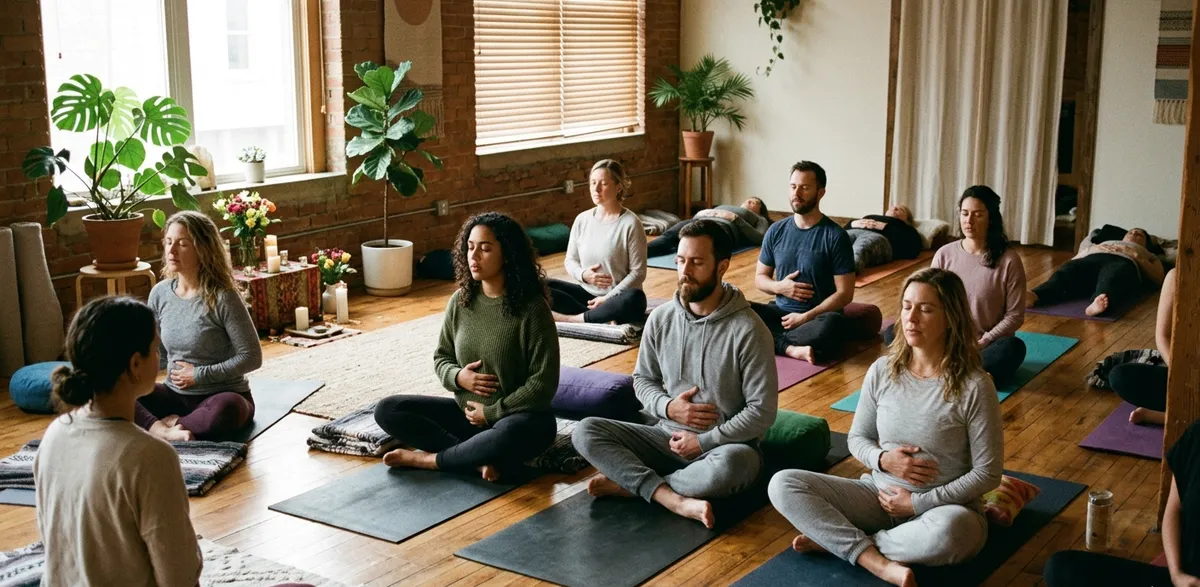Grupo de personas sentadas en posición de meditación con manos en el abdomen practicando respiración consciente en estudio