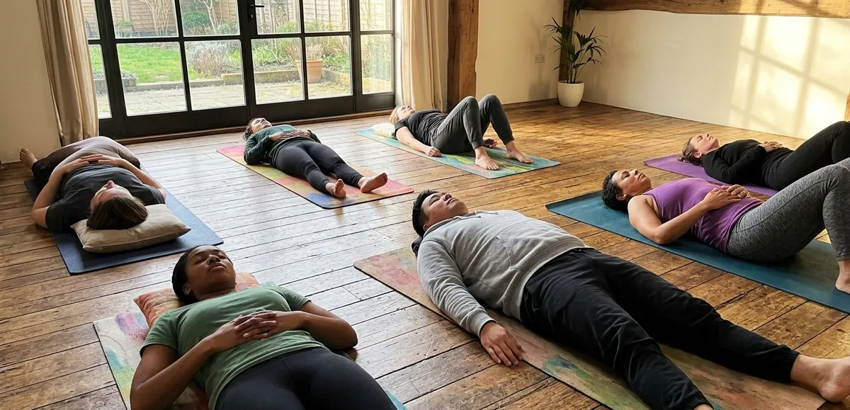 Grupo tumbado en esterillas practicando respiración consciente conectada — efectos fisiológicos