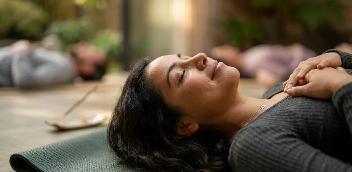 Mujer practicando técnica de respiración consciente — pranayama para la ansiedad y el estrés