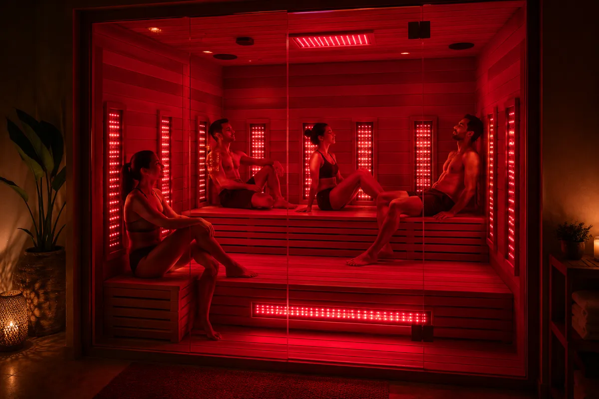 Grupo de personas en cabina de infrarrojos con paneles LED rojos en las paredes, sesión clínica de fotobiomodulación