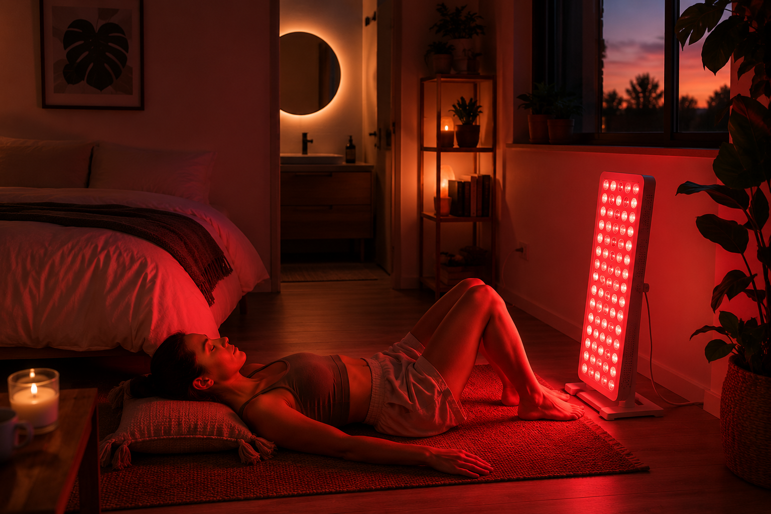 Mujer tumbada en el suelo junto a panel de luz roja en dormitorio al atardecer con vela encendida