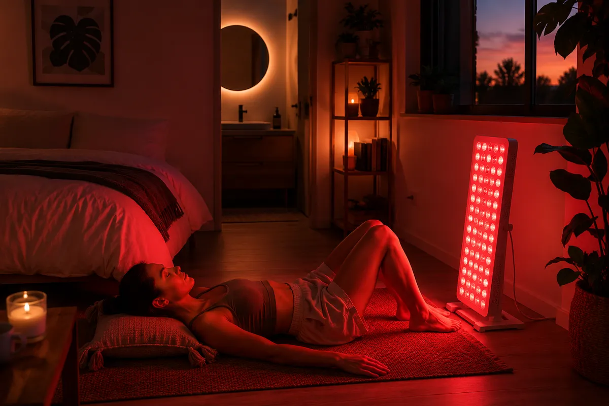 Mujer tumbada en el suelo junto a panel de luz roja en dormitorio al atardecer con vela encendida