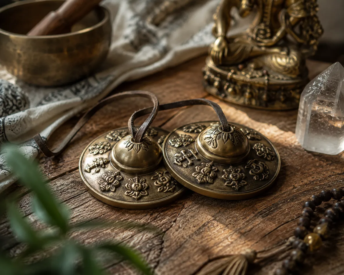 Detalle de tingsha con grabados tradicionales junto a un cuenco tibetano, una estatua dorada y un cristal de cuarzo