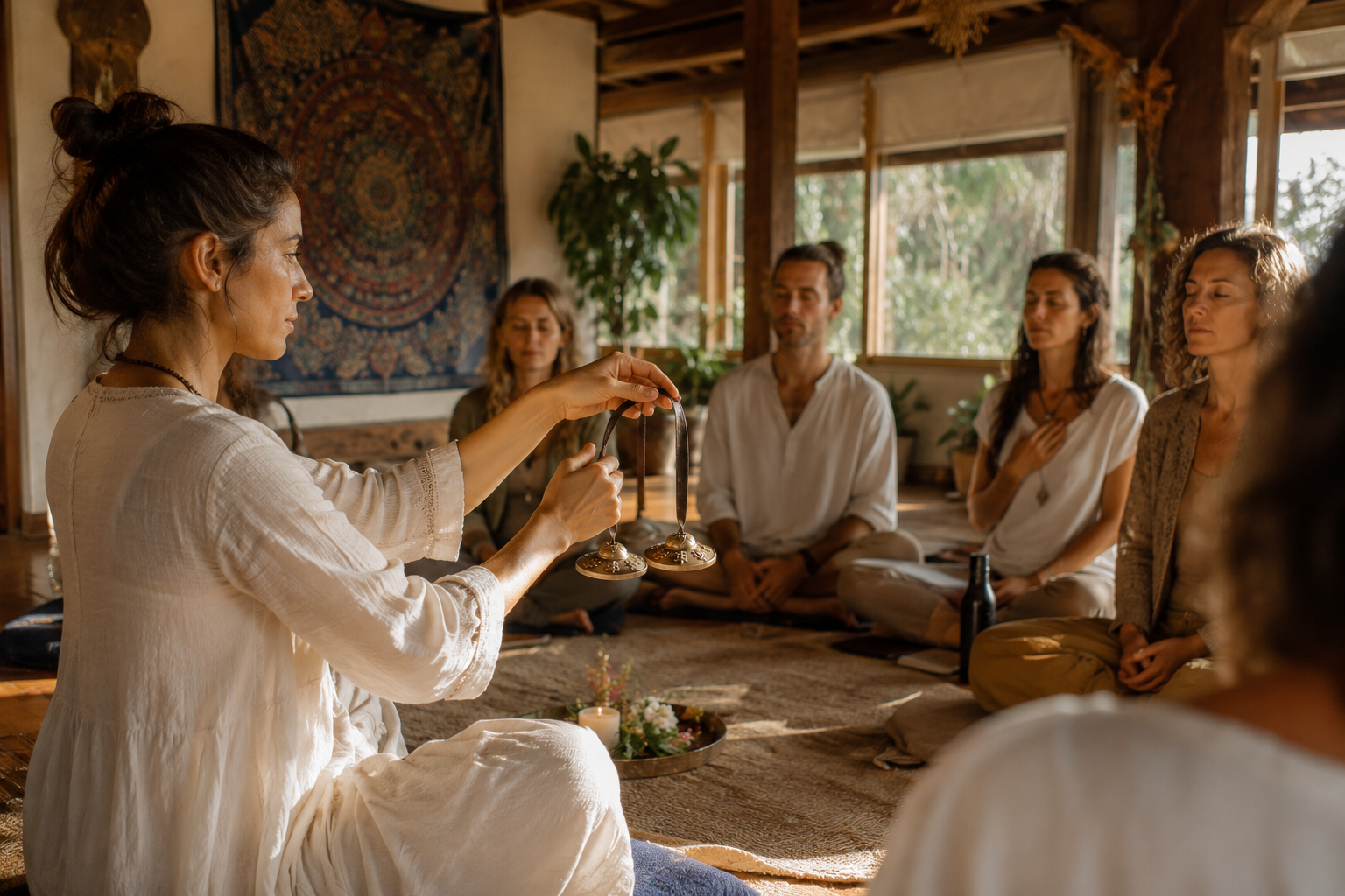Facilitadora sosteniendo tingsha en alto ante un grupo sentado en meditación en sala luminosa