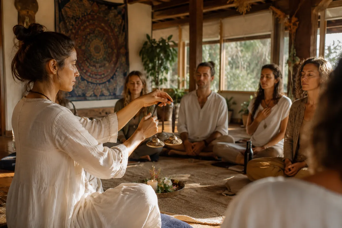 Facilitadora sosteniendo tingsha en alto ante un grupo sentado en meditación en sala luminosa