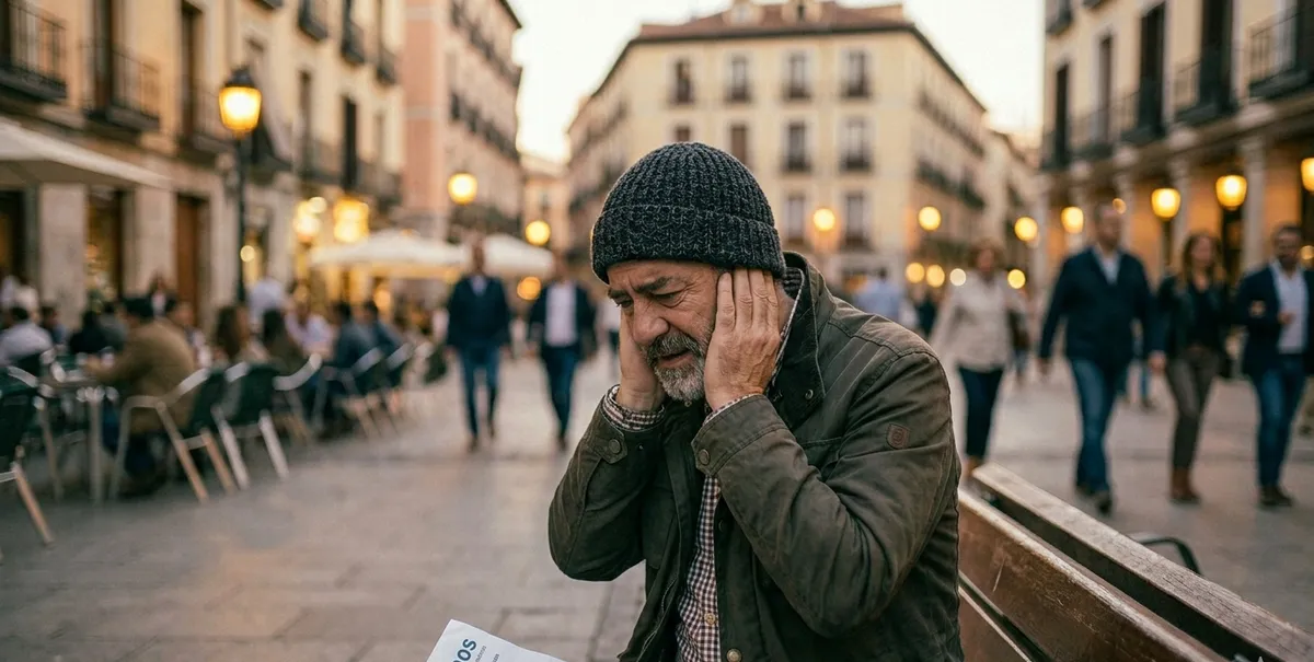 Hombre con manos en los oídos por tinnitus o acúfenos