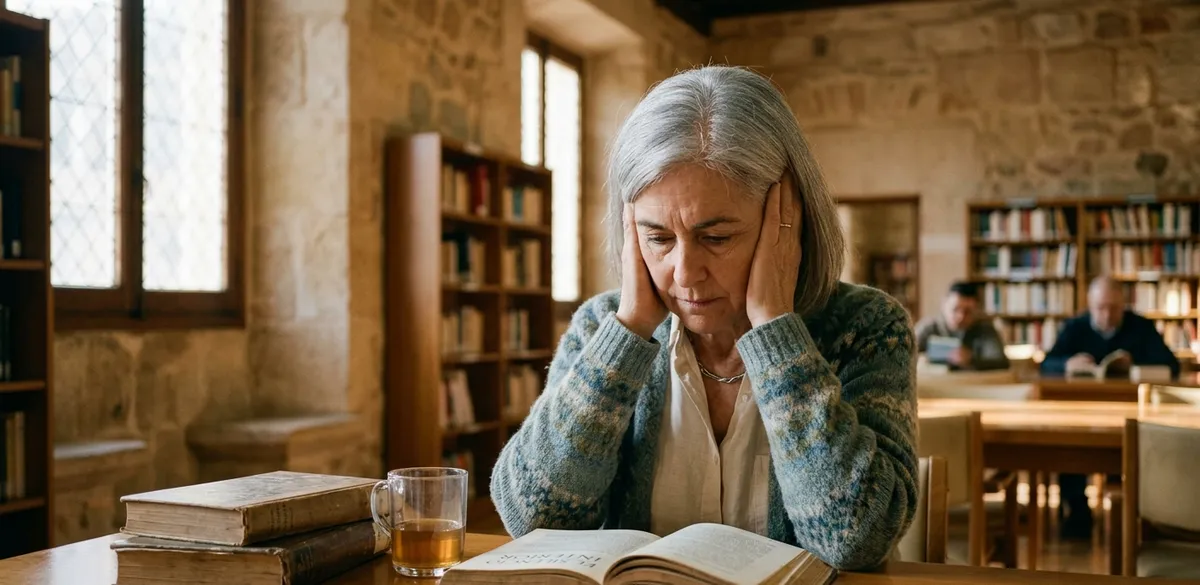 Mujer mayor con manos en las sienes por molestia auditiva, tinnitus crónico
