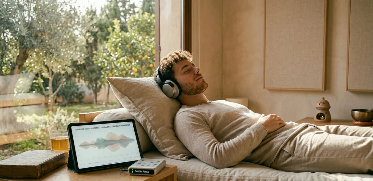 Hombre tumbado escuchando terapia de sonido con auriculares y tablet con ondas sonoras