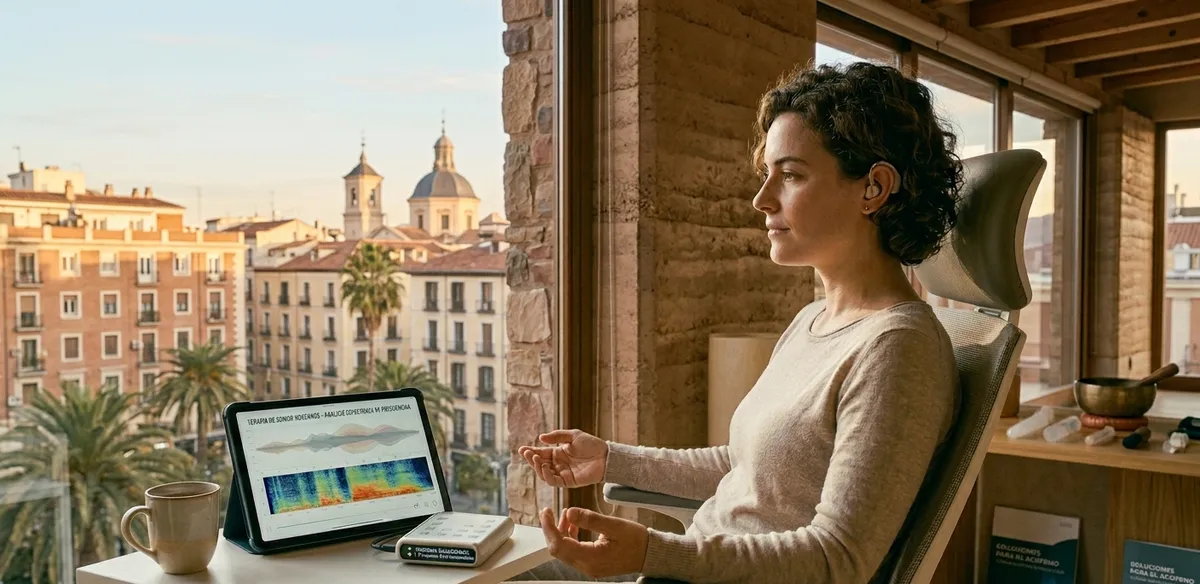 Mujer relajada junto a ventana con vista de ciudad, recuperando calma con terapia de sonido para tinnitus