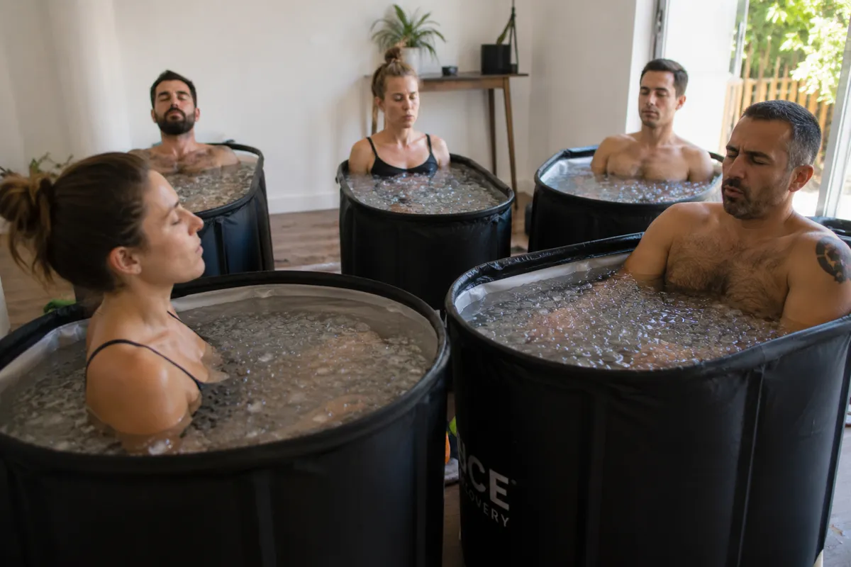 Grupo de personas en baños de hielo siguiendo el método Wim Hof de exposición al frío