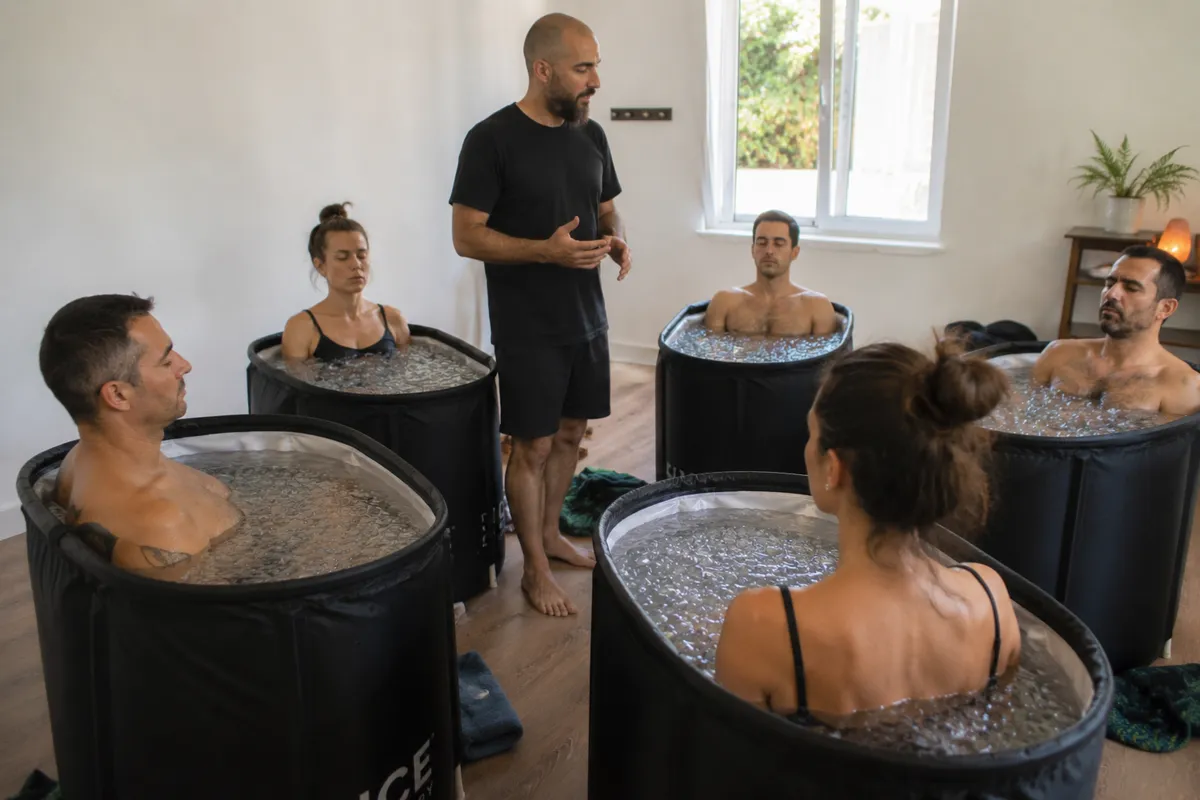 Facilitador guiando a un grupo de participantes durante una sesión de baños de hielo del método Wim Hof