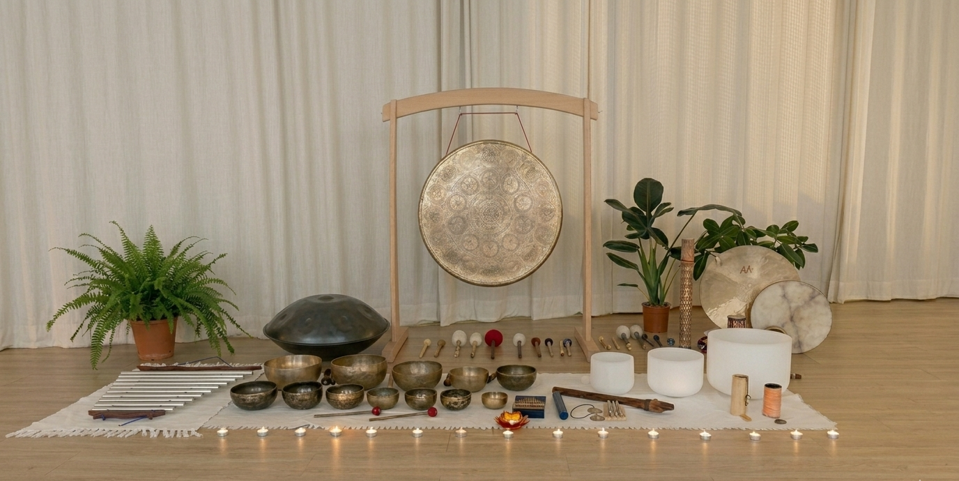 Gong, cuencos tibetanos, cuencos de cuarzo y handpan preparados para una sesión de baño de gong en Valencia